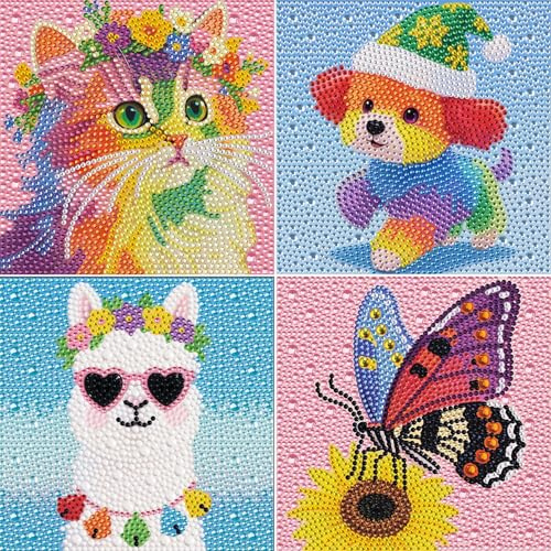 Leixonl 4 Packs 5D Diamond Art Kits for Kids,Arts and Crafts Set for Home Wall Decor.Gem Art by Number Kits Arts and Crafts Kits(5.9x5.9inch) (4-pack-15-alpaca)