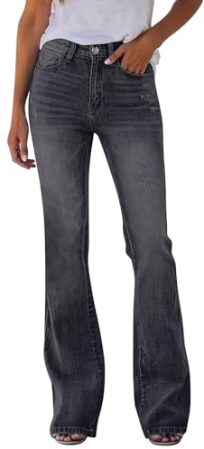 Jeans acampanados para mujer, de talle alto, pierna ancha, pantalones de mezclilla con bolsillos para atuendos diarios, gris oscuro, L