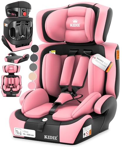 KIDIZ Seggiolino auto per bambini, gruppo 1 + 2 + 3, 9 – 36 kg, cintura di sicurezza a 5 punti, seggiolino auto, poggiatesta regolabile, rialzo del sedile da 1 – 12 anni, stabile e sicuro