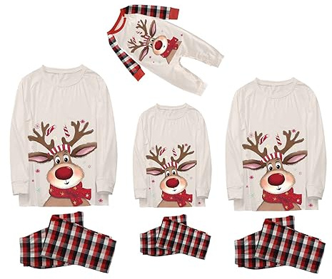 Pijamas de Navidad para la Familia Estampado de Tartán de Reno Manga Largos Camiseta y Pantalón Ropa de Dormir Infantil Niños Hombre Mujer Respirable Loungewear Regalo02