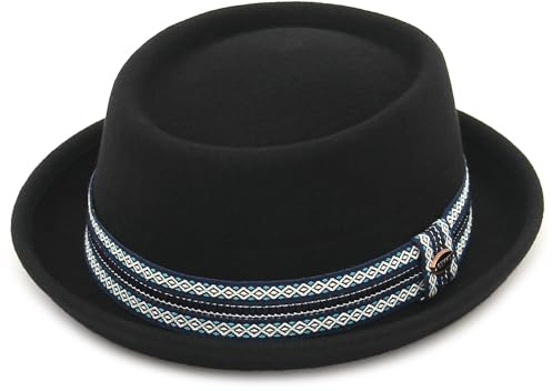 GEMVIE Pork Pie Hat for Mens Womens 100% Wool Felt Fedora Trilby Hat Black Adult Unisex Porkpie Hats Large