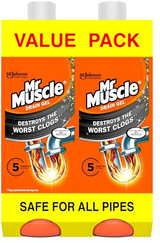 Mr Muscle Drain Unblocker, Sink & Drain Cleaner, Fast Acting Heavy Duty Gel Formula, Dissolves Clogs, Works 3x Better Than Bleach, Safe for All Pipes, Duo Pack, (2 x 1L)
