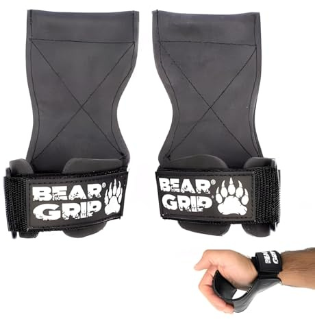 BEAR GRIP Gants de Musculation Haut de Gamme à Sangles et Crochets Multiples, Ultra-résistants, pour haltérophilie, soulevé de Terre et Force athlétique, pour Hommes et Femmes (Grosse Gomme)