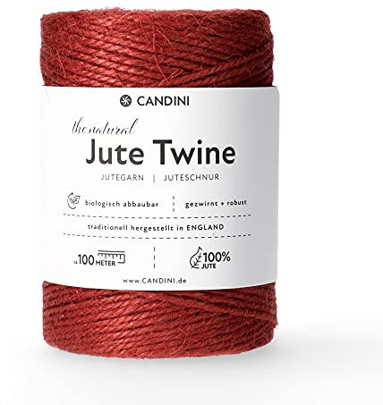 Candini Jutegarn - rot, 100m Bastelschnur - ø 2-3mm reine Jute - Schnur Kordel | Premium Qualität - Made in England - Paketschnur, Dekoration, Garten, Verpackung