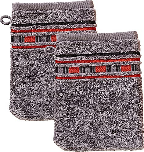 Erwin Müller Waschhandschuh, Waschlappen 2er-Pack - Achern grau/rot Größe 16x21 cm - 500g/m² - schnell trocknend, extra saugstark