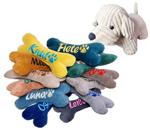 Hundespielzeug Hundeknochen Hunde Geschenk Spielzeug Knochen in 3 Größen mit Quietscher oder Rassel bestickt viele Farben