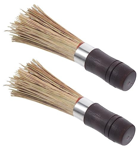 Anneome Bamboo Wok Cleaning Brush with Long Handle, Non-Scratch Pan and Pot Cleaning Tool, Multi-Purpose Kitchen Washing Gadget 2pcs for Stove and Cookware Maintenance