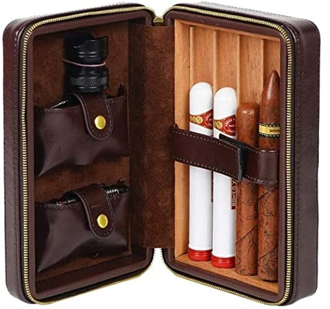 Cigar Box Humidor Cigarette Box Travel Portable Leather Cedar Wood Lining Scissors Humidor Zipper Bag