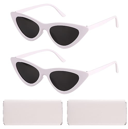 BOXOB 2pcs Cat Eye Sunglasses for Women Vintage Trendy Sunglasses for Women Girls Retro Cat Eye Sunglasses for Bachelorette Party Daily Use with 2pcs Sunglasses Pouches (White)