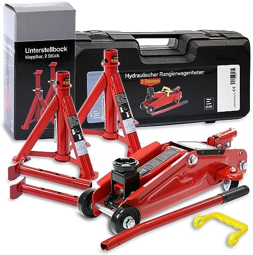 ENVA Hydraulischer Rangierwagenheber 2 T im Koffer + 2X Unterstellbock klappbar Set Tragkraft bis 2000 kg für das Anheben von Fahrzeugen