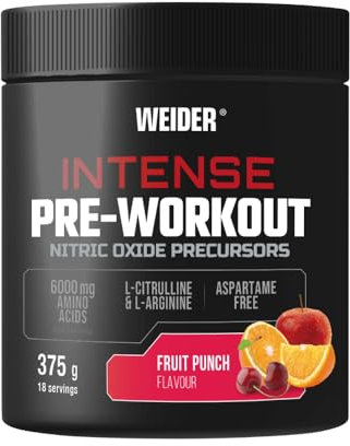Weider Intense Pre-workout (375g) Gusto Fruit Punch. Precursore di Ossido Nitrico, con 200 mg di Caffeina e 6000 mg di Aminoacidi/porzione, L-Citrullina, L-Arginina, Senza Aspartame (18 porzioni)