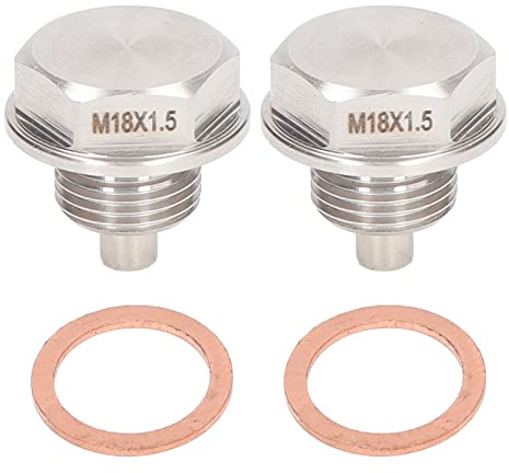 2 stycken magnetiska oljeavtappningsskruvar, M18 x 1,5 mm motor, magnetisk oljeavtappningsskruv, rostfritt stål, skruvbultar, oljebricka, muttrar med 2 brickor, magnetisk oljeplugg, universell