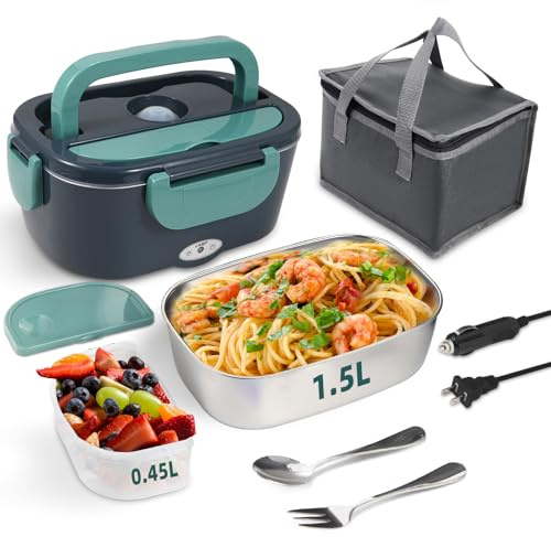 SOHIDA Electric Lunch Box Food Heater, 80W Portable Warmer for Car Truck Work with 304 Stainless Steel Container, 12V/24V/110V Green Heated Lunch Box Suitable for Ideal Driver/Work/Gift