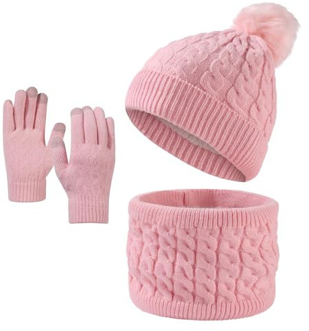 Enwokran Kinder Wintermütze Schal Handschuhe Set 3 Stück Warme Fleece Gefütterten Beanie mit Pompom Runder Schal Nackenwärmer Touchscreen Fäustling für Jungen Mädchen 5–12 Jahren (Rosa)