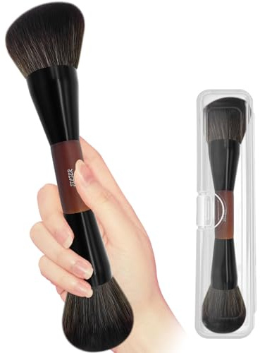 JILIER Double Ended Blush Powder Brush, Duo Bronzer Brush Highlighter, Foundation Contour Brush, for Liquid, Cream, Powder,Blending, Buffing âPremium Bristles, Natural Wood Handle makeup brushes