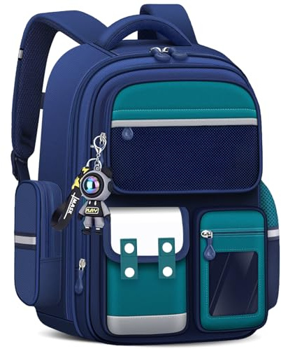 Amythe Schulranzen Jungen, Kinderrucksack Große mit Süßem Anhänger, Schultasche für Jungen 2. bis 5.Klasse, Rucksack Kinder für die Schule oder Reisen mit Mehreren Fächern, Grün