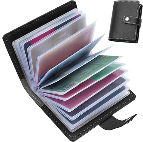 PU Leather Credit Card Holder Wallet for Men & Women Slim RFID Blocking Bank Card Case with 26 Plastic Insert Sleeves,Minimalist Front Pocket Wallet Holders,Travel Business Card Case(Black)