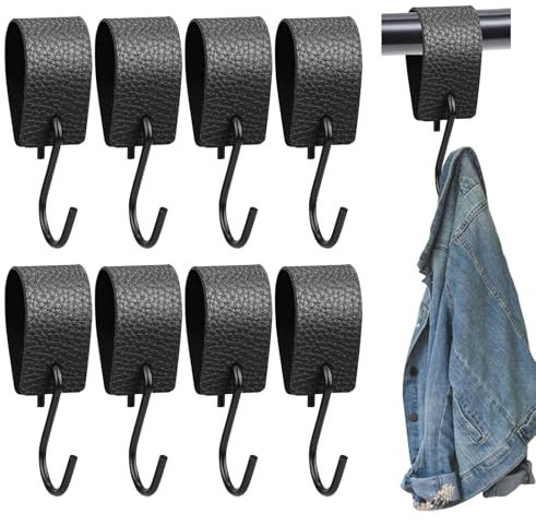 FILOEEX 8Pcs PU Leather Hooks,Multifunctional S-Hooks,Hookss for Hanging Outdoor Camping Equipment,Clothes,Tools,Keys (Black)
