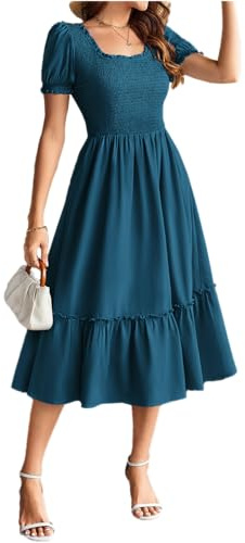 GRACE KARIN Women's A-Line Smocked Midi Dress Wedding Guest Prom Pockets