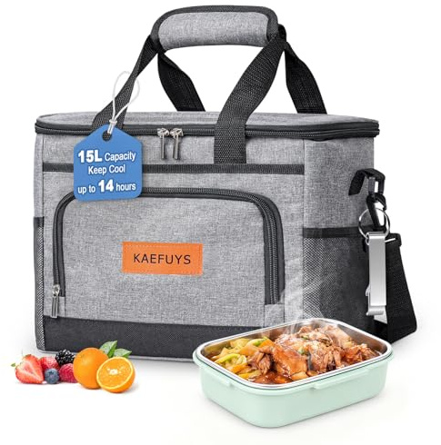 KAEFUYS 15L Insulated Lunch Bag Large Cooler Bag Picnic Bag with Adjustable Shoulder Strap Leakproof for Work School Camping Travel Picnic （Grey）