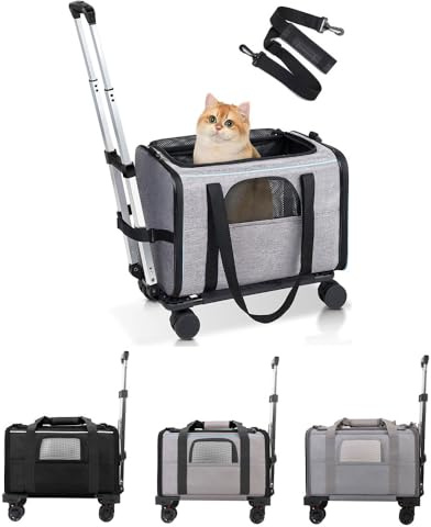 Pet Trolley Bag Carrier de Rodadura Desmontable para Perros pequeños Gatos portátil portátil Pet Traying con Mango telescópico y Correa de Hombro Aleación de Aluminio de Tela (Gris con Bordes Azules)