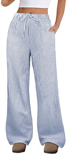 ANRABESS Women's Striped Gingham Pants 2026 Spring Pajama Lounge Boxer Pants Casual Wide Leg Drawstring PJ Bottoms Trousers﻿ Blue White Stripe Small