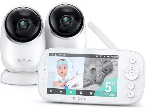 Dr.Care NovaView Vigilabebés sin WiFi y de Baja Radiación, Pantalla HD de 5 1080P, Visión Nocturna y Rotación de 360°, Batería de Larga Duración de 5000 mAh (Monitor 5 con 2 Cámaras)