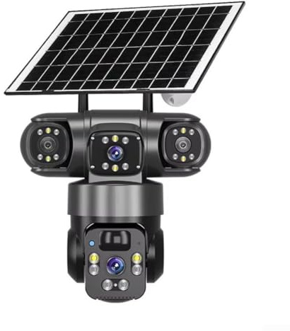 Telecamera di sicurezza a energia solare 4K, telecamera WiFi a 360 gradi per esterni con tre lenti a schermo wireless, intelligenza PTZ, archiviazione cloud per casa o ufficio, 8000 mA (nero)