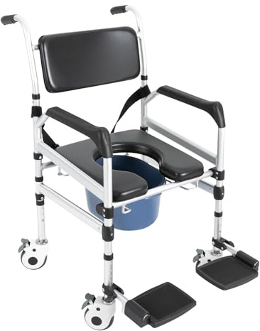 Sedia da doccia WC con ruote, regolabile, pieghevole, con secchio rimovibile, ruote per anziani e disabili