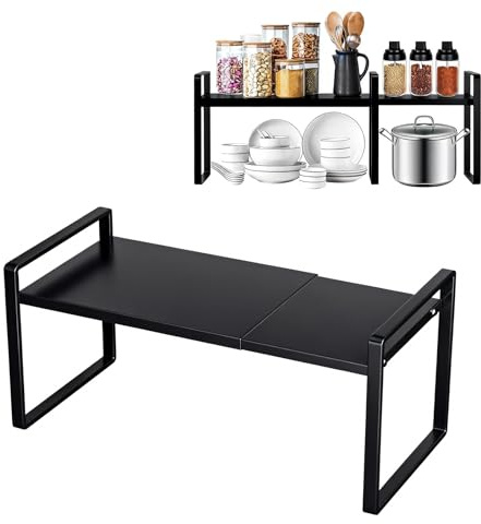 PORFOYO Estantería extensible de 31 a 55 cm, estante de cocina, organizador de armario de cocina, estante telescópico para especias, estante extensible para cocina y oficina, color negro