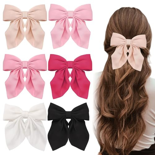 Muorruo 6-Piece Set Hair Bows for Women, Bow Hair Clips, Silky Satin Hair Bows for Girls, Neutral Coloured Hairbands, Cute Bow Hair Clips for Women, Colour 2