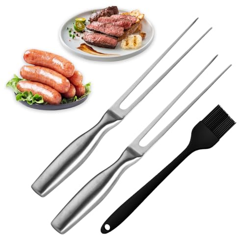 Set di 3 forchette da carne e spazzola per olio, forchetta da carne in acciaio inox, forchetta da trinciatura con manico ergonomico, forchetta per barbecue, tacchino, arrosto, cena per campeggio e