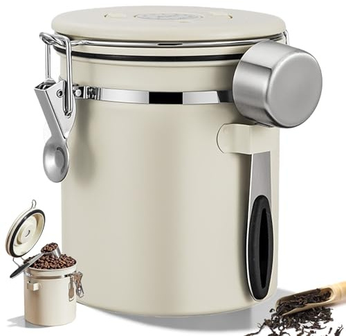 Lata de café hermética, 2,8 L, recipiente para granos de café, recipiente con válvula de CO2 y cuchara medidora, caja de café hermética de acero inoxidable con indicador de fecha para granos de café