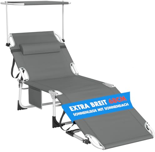 Huracan Chaise longue pliable avec pare-soleil, chaise longue légère de jardin avec dossier réglable en 4 positions, chaise longue portable avec oreiller de tête, chaise longue pour le camping et la