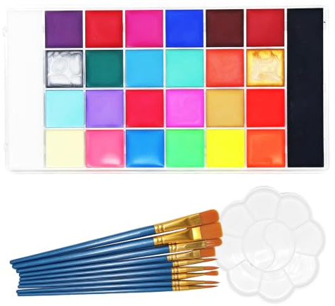 Set de 26 Couleurs de Peinture pour Visage à Base d'Eau avec Pinceaux et Pochoirs, Palette Bodypainting pour Carnaval Fête Événements