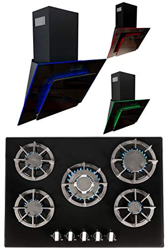 SIA 70cm Black 5 Burner Gas On Glass Hob & Multi Colour LED Angled Cooker Hood