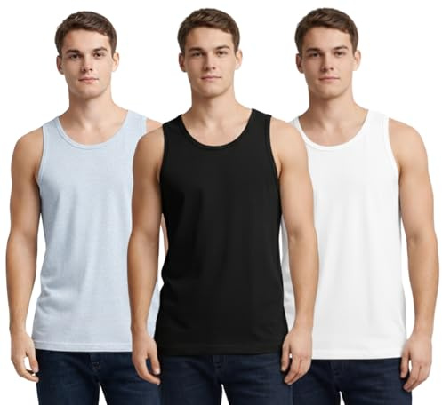 Bahob® New Mens Vest Multi Pack Lot Basic Regular Fitted Cotton Tank Top Athletic Soft Assorted Pack of 3 (3 Pack Black White Grey, L)