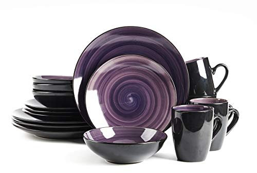 HomeVss Sonoma Style 16 Piece Stoneware Dinnerware Set Holds 4 Black and Speckled Purple Plates and Bowls Microwave and Dishwasher Safe