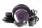 HomeVss Sonoma Style 16 Piece Stoneware Dinnerware Set Holds 4 Black and Speckled Purple Plates and Bowls Microwave and Dishwasher Safe
