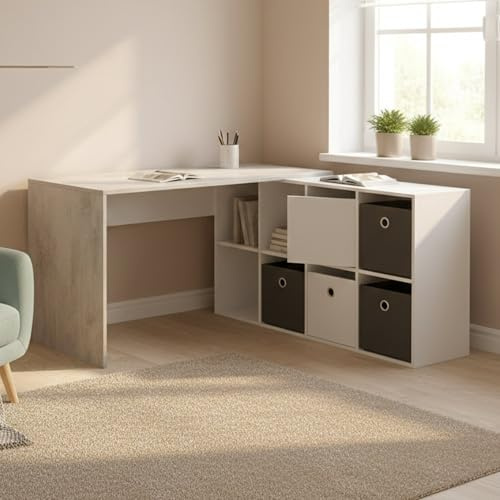 Dmora - Bureau Vallejo, bureau multifonction réversible multi-positions, table d'étude ou bureau porte PC avec étagère, 136x139h74 cm, blanc et ciment