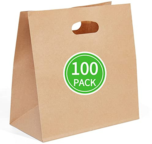 PAICUIKE 100 Pcs 11x6x11 Brown Kraft Paper Bags with Handle - Tote Grocery Bags Bulk for Restaurant, Bakery, Retail, Takeout