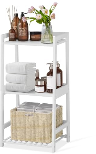 POXAKA 3 Tier Bamboo Bathroom Shelves, Ladder Shelf for Storage, Rustic Home Organizer, Space-Saving Design, Stylish Display Nightstand, Stylish Storage Solution for Home, Living Room, Kitchen