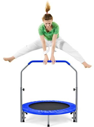 SPOTRAVEL 101cm Adults Foldable Trampoline, Indoor Rebounder with 4-Level Adjustable Handle, Safety Padded Cover and Convenient Carrying Bag, Exercise Trampoline for Workout Fitness (Blue + Black)