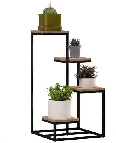 Outsunny Portapiante a 4 Livelli per Interni ed Esterni, Scaffale Porta Fiori e Vasi in Acciaio e Legno, 40x40x75.5 cm, Marrone e Nero