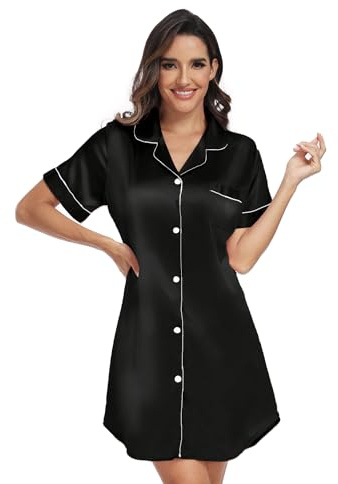 North Bund Chemise De Nuit Femme Manches Courtes Robe Sexy Col en V Bouton Devant Vêtements Nuisette Satin Shirt Pyjama Maternité Allaitement Noir M