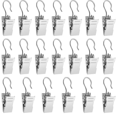 ALLisWE 20-pack gardinklämmor med krokar, små kraftiga krokklämmor set, rostfritt stål duschdraperi klämmor ljushängare trådhållare för heminredning badrum duschdraperi fotodekorer