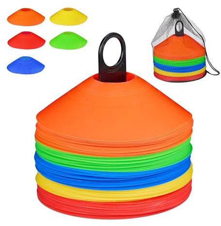 Relaxdays 80 Conos Entrenamiento, Chinos Fútbol, Setas Entrenar Deportes, PE, Soporte y Bolsa, 5 x 19 cm, Multicolor