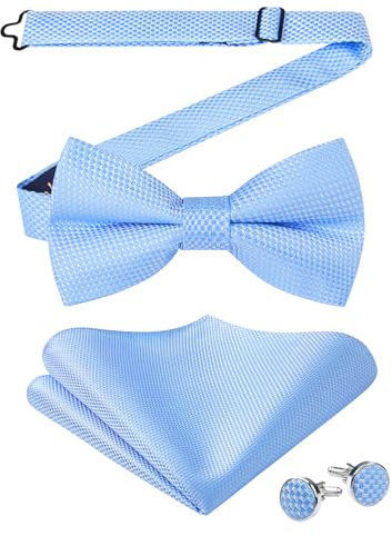 Enlision Fliege Herren Blau Einfarbig Fliegen und Einstecktuch mit Manschettenknöpfe Set Vorgebundene Fliege Anzug für Hochzeit Business