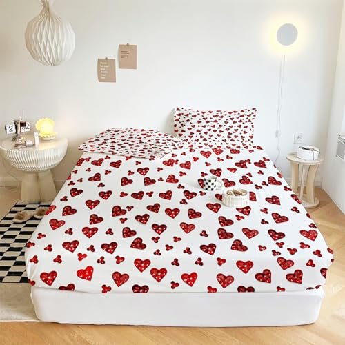 XCQHZYQ Spannbettlaken 140x200cm Rotes Herz Zum Valentinstag Bettlaken Bis 30 cm Matratzenhöhe, Superweiches Spannbetttuch aus Mikrofaser, Bequem Und Atmungsaktiv, mit 2 Kissenbezügen