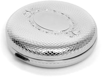 Brillibrum Design Pillendose silber verchromt Medikamentendöschen to go Reise-Pillendose mit Gravur Pillenbox Pillen Organizer für unterwegs kleine Pillendose (Pillendose rund, bis 15 Zeichen)